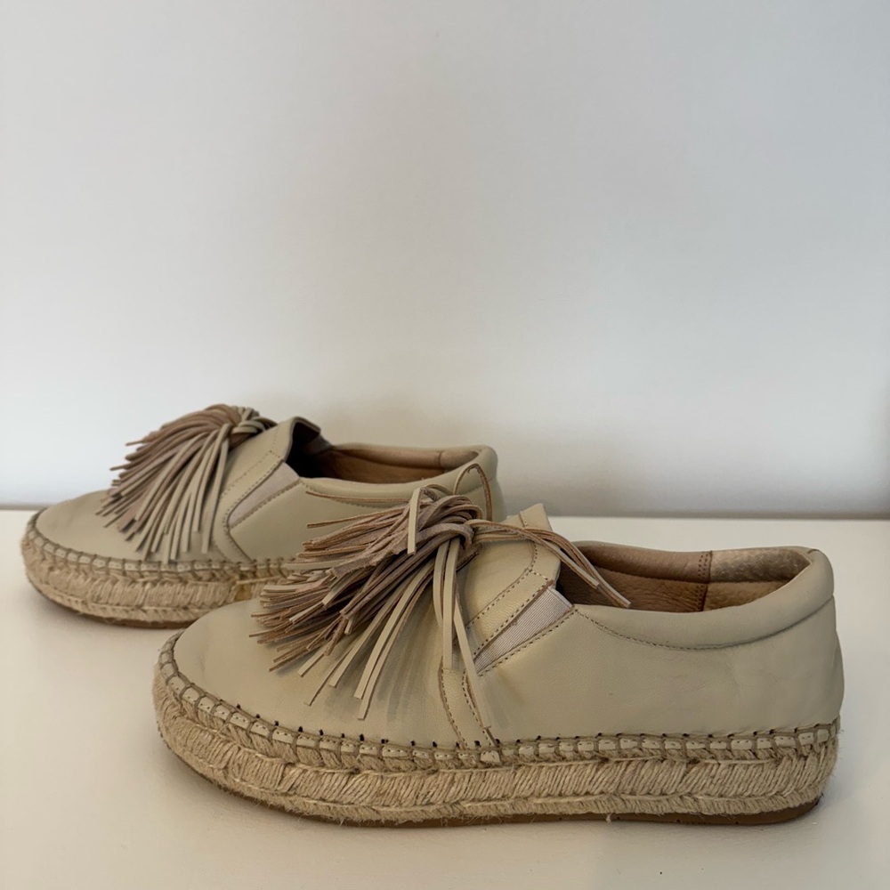 Beige Leather J Slides Espadrille Loafers with Fringe